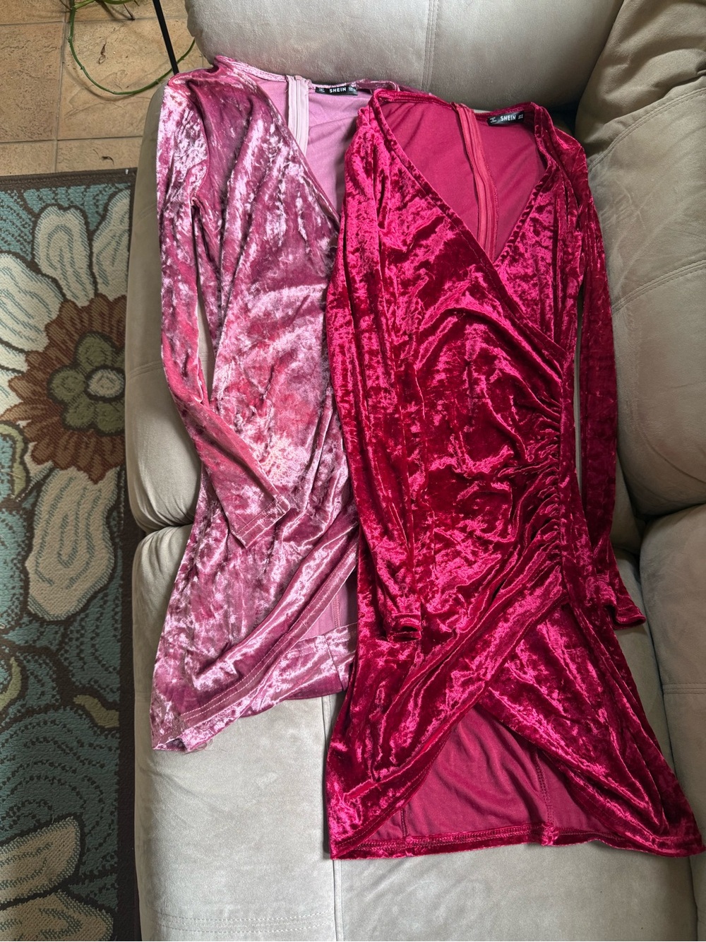 Crushed Velvet Faux Wrap Mini Dresses in Light Pink and Burgundy